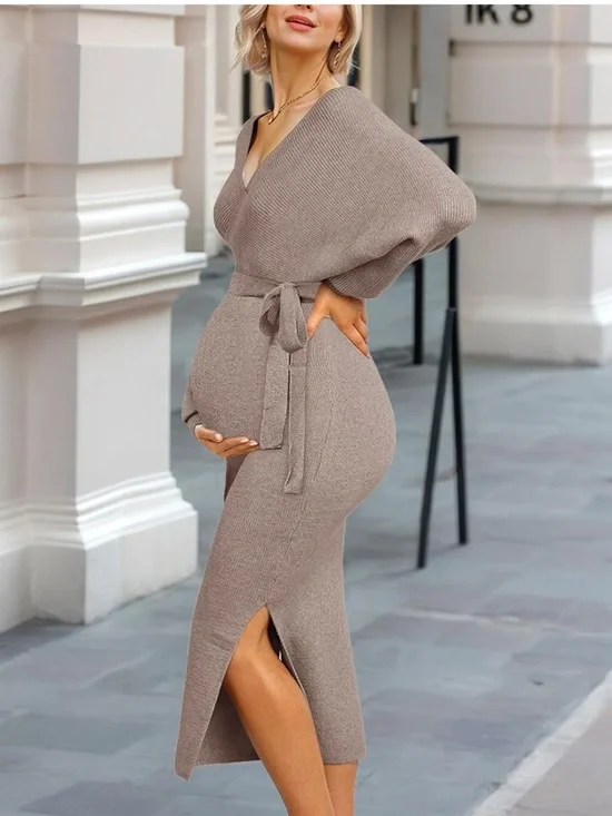 V-Neck Belted Maternity Sweater Dress in Taupe - Picture 2 of 8